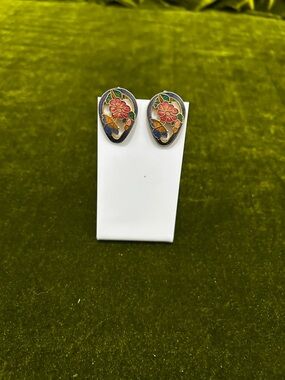 Vintage Floral Enamel Teardrop CLIP ON Earrings - Pink & Blue multicolor